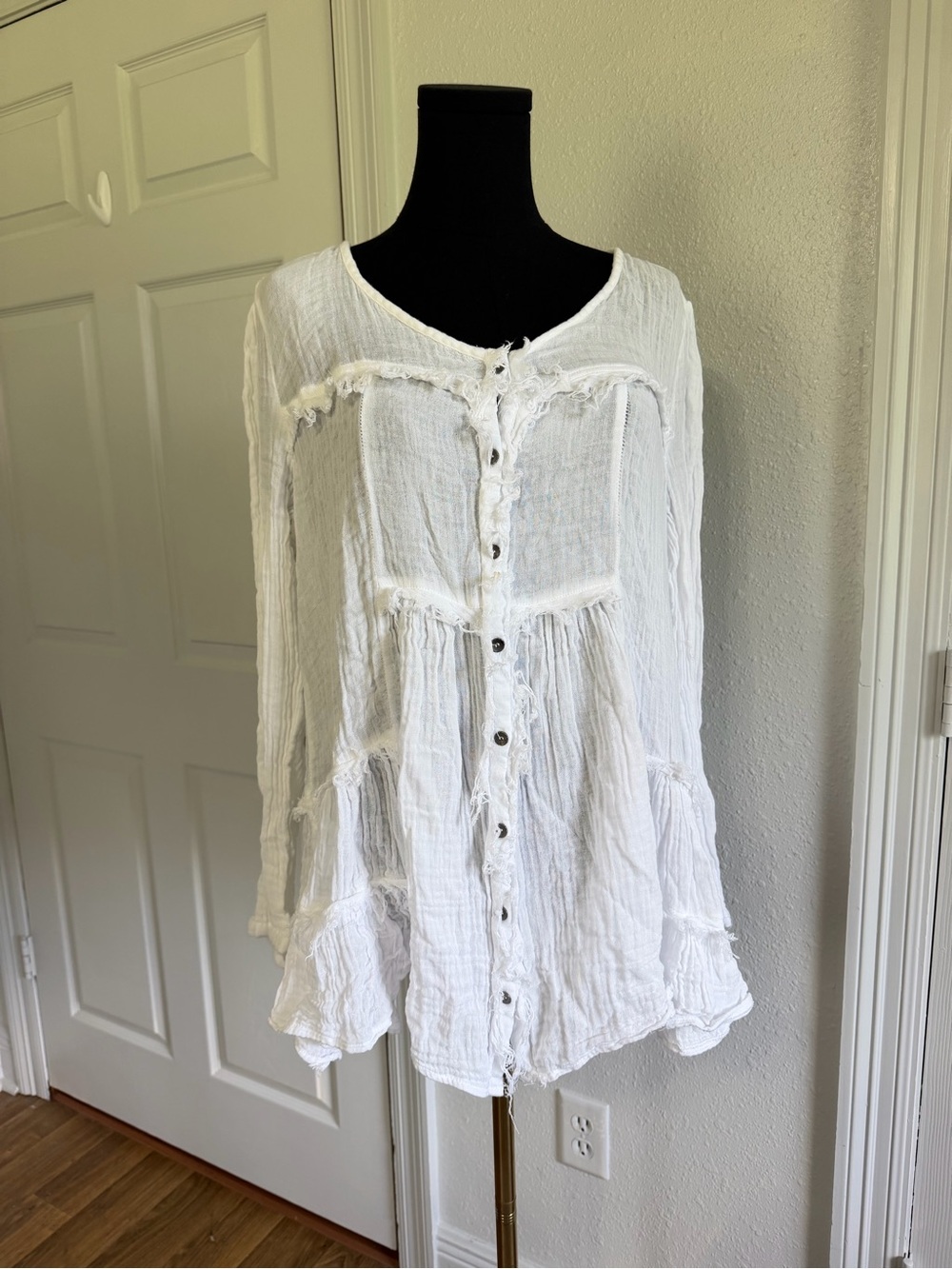 Toffee Mocha White Cotton Gauze Raw Edge Boho Button Front Tunic Top L festival
